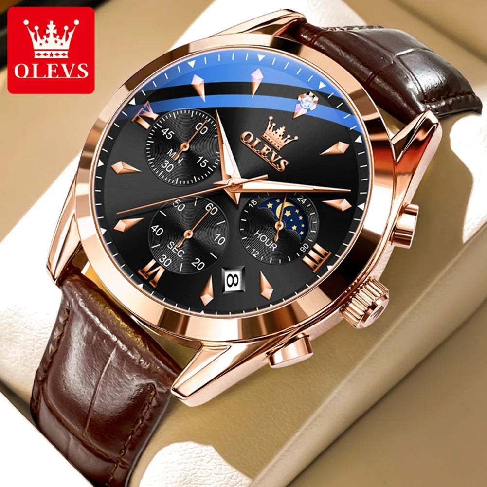 OLEVS 3609 Armbanduhr für Herren, modisch, Kalender, wasserdicht, leuchtend, für Herren, Chronograph, Mondphase, Quarz, Business-Herrenuhren