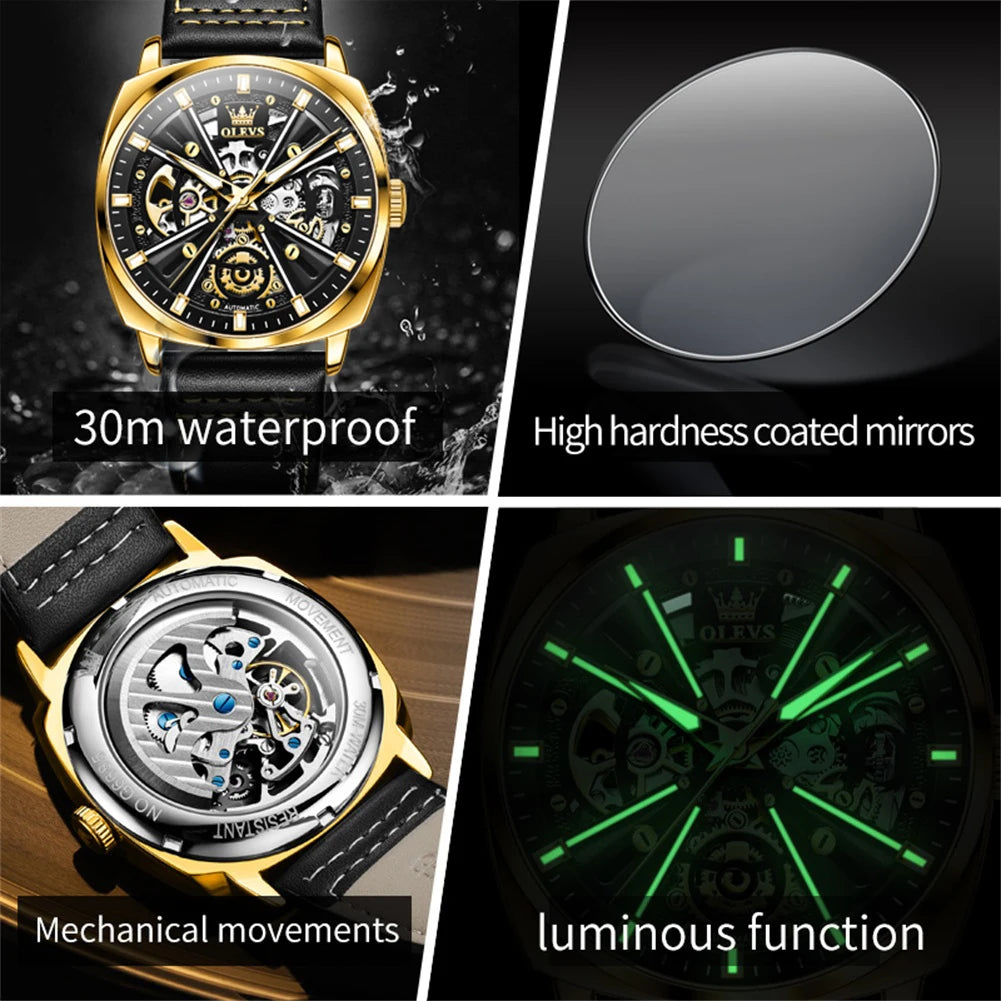 OLEVS 6685 Automatic Watch For Men Original Hollow Skeleton Mechanical Man Watches Top Brand Waterproof Leather Male Hand Clock