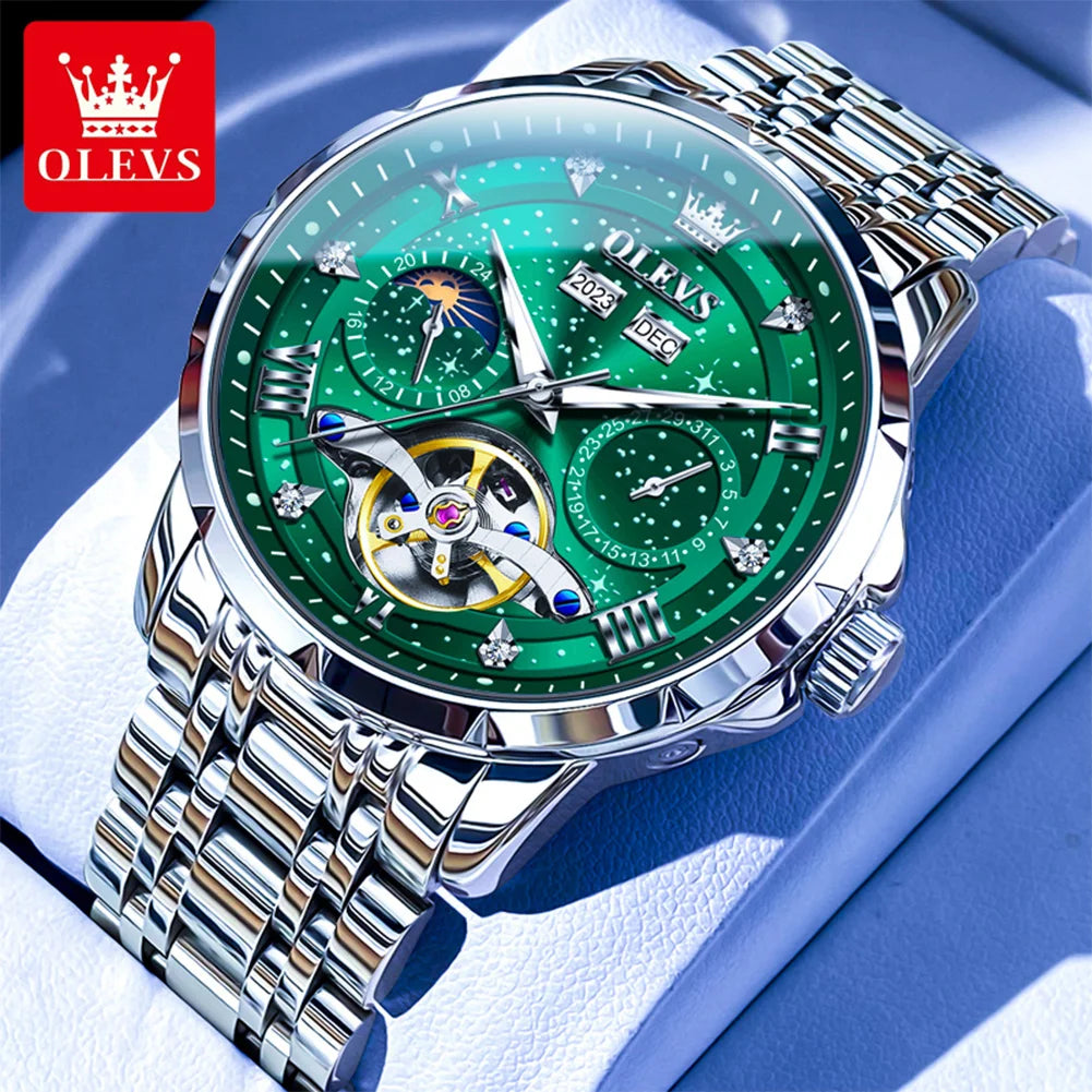 OLEVS 6690 Erkek Kol Saati İçi Boş Moda Tarih Mekanik Saat Erkekler İçin Ay Fazı Derin Su Geçirmez Işıklı Orijinal Erkek El Saati