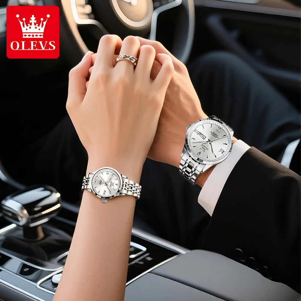 OLEVS 9956 Watches For Couple  Automatic Mechanical Watches Dual Calendar Original Stainless Steel Hand Clock Waterproof 9956