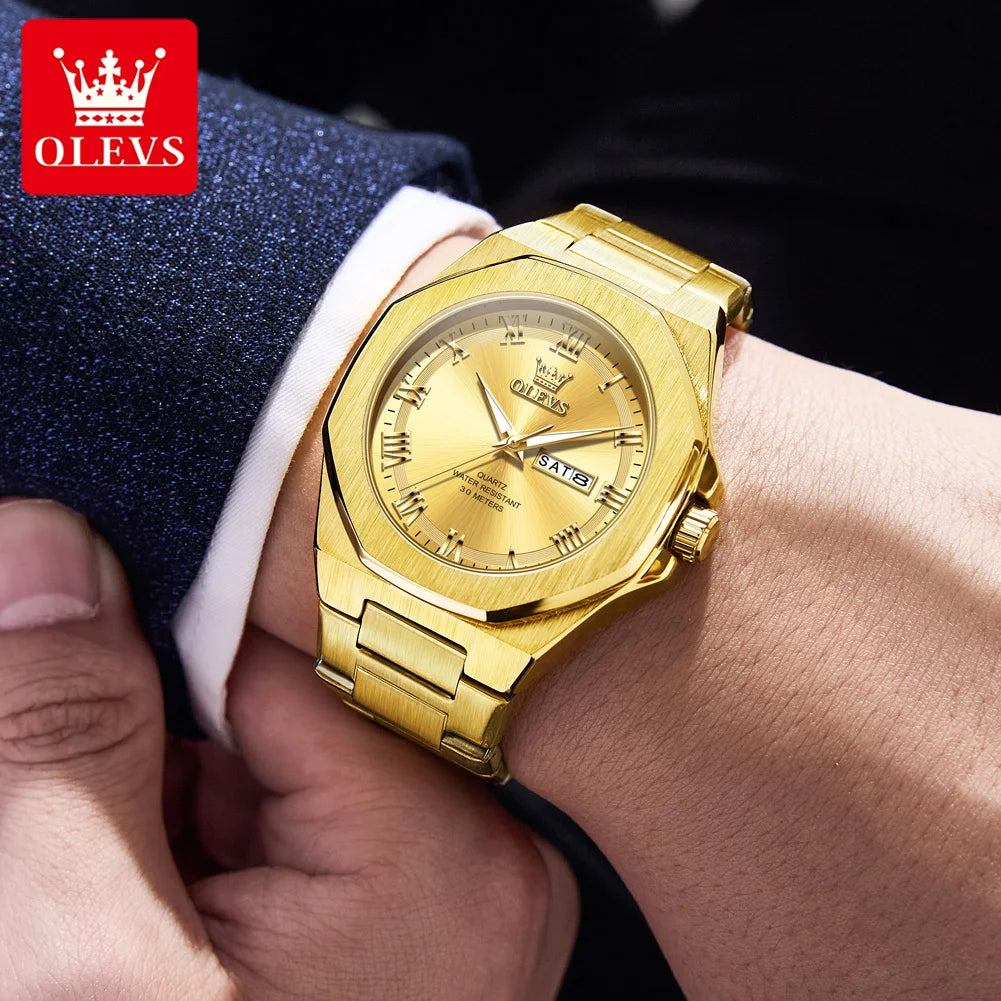 OLEVS 3727 Mens Watches Waterproof Luminous Week Date Quartz Watches Stainless Steel Luxury Watches For Men High Quality Reloj