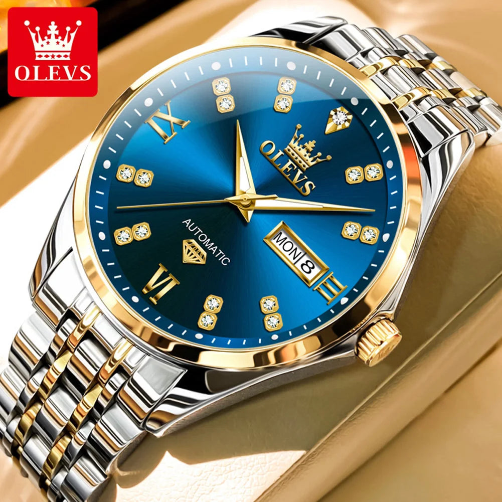 OLEVS 9801 Men Watch Waterproof Dual Calendar Luxury Mechanical Watch For Men Diamond Scale Stainless Steel Automatic Hand Clock