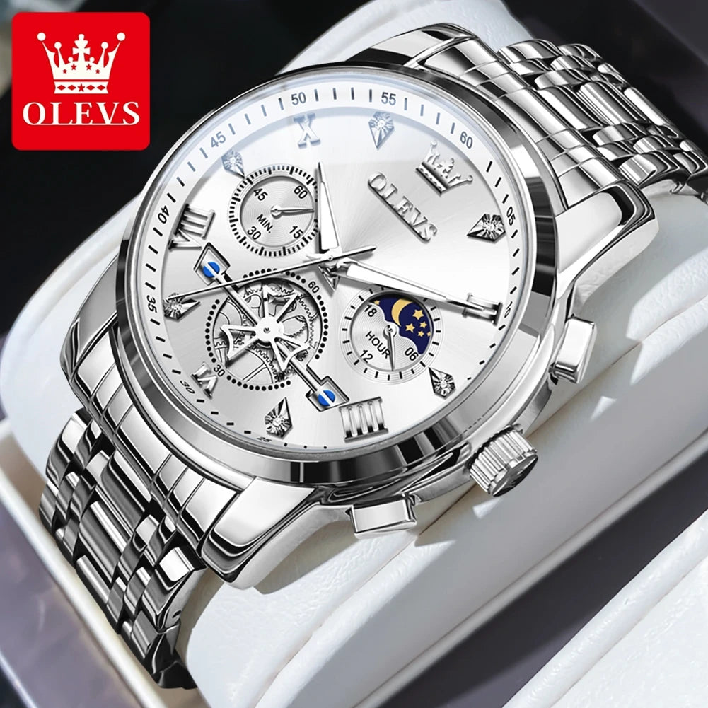 OLEVS 42mm Herrenuhr mit großem Zifferblatt, Mondphase, 24-Stunden-Anzeige, wasserdichte Quarz-Herrenarmbanduhr, Original Luxus Armbanduhr 2856