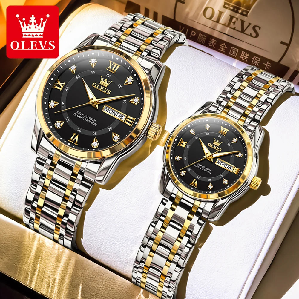 OLEVS 5513 Paar Uhren Luxus Dual-Kalender Quarzuhren für Männer Frauen Original Wasserdicht Leuchtende Diamant-Skala Zeigeruhr