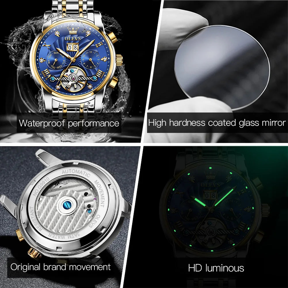 OLEVS 9910 Watch for Men Automatic Mechanical Men's Wristwatches Luxury Skeleton Stainless Steel Waterproof Original Man Watch