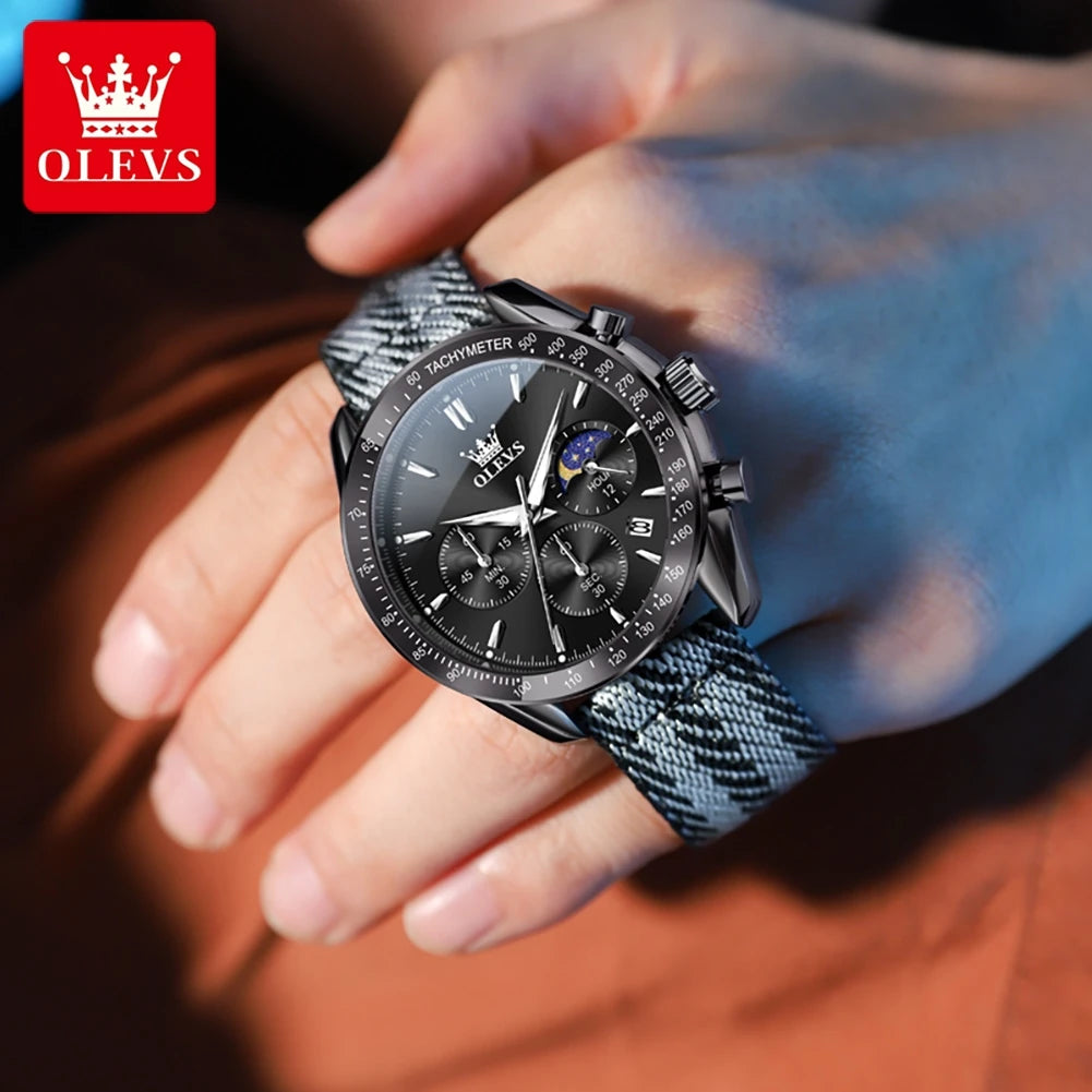 OLEVS 3630 Quarz Herrenuhr Datum Chronograph 24-Stunden-Mondphase Wasserdichte Uhr für Herren Mode Nylonarmband Original Armbanduhr