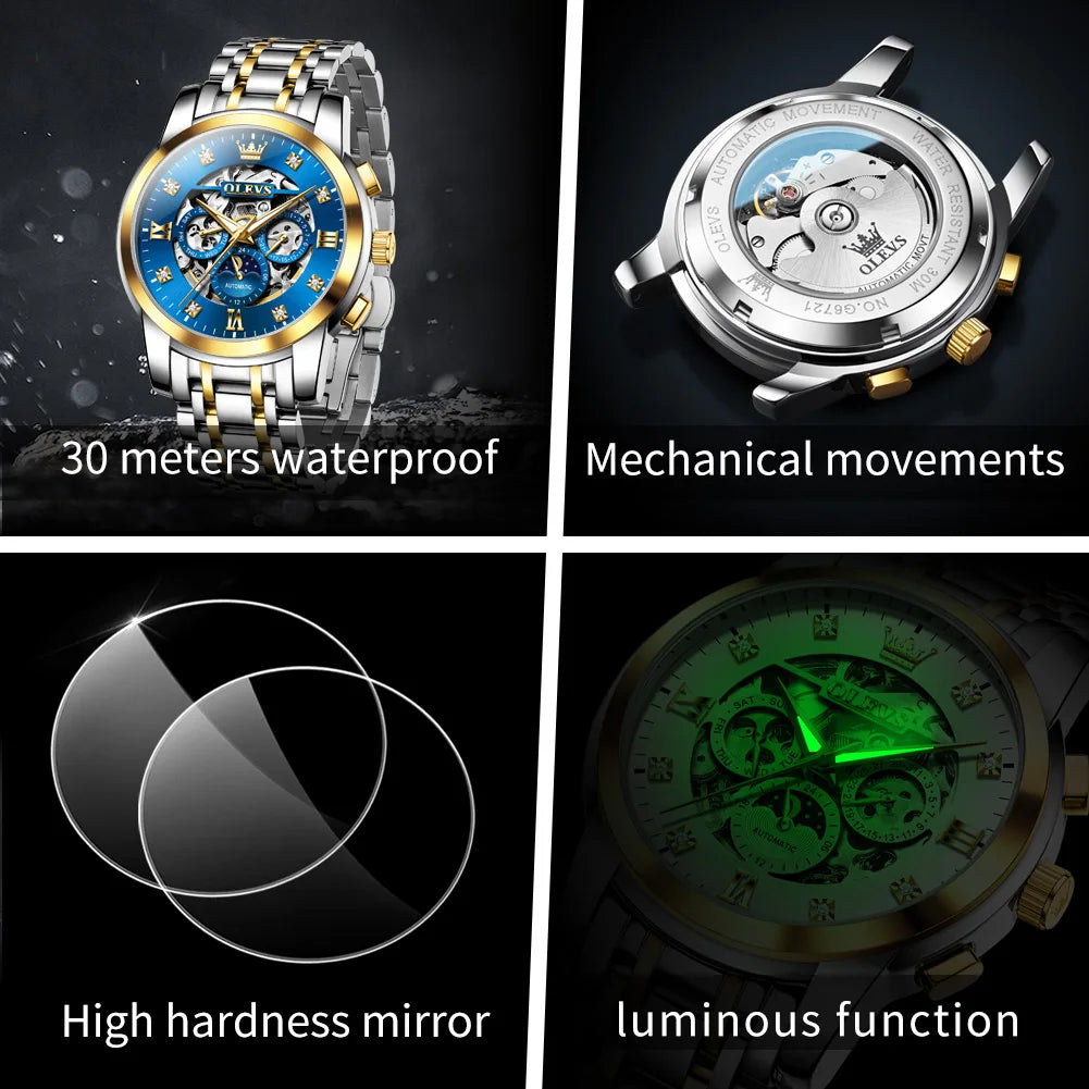 OLEVS 6721 Watch For Men Moon Phase Original Mechanical Man Watch Hollow Skeleton Auto Date Waterproof Diamond Scale Hand Clock