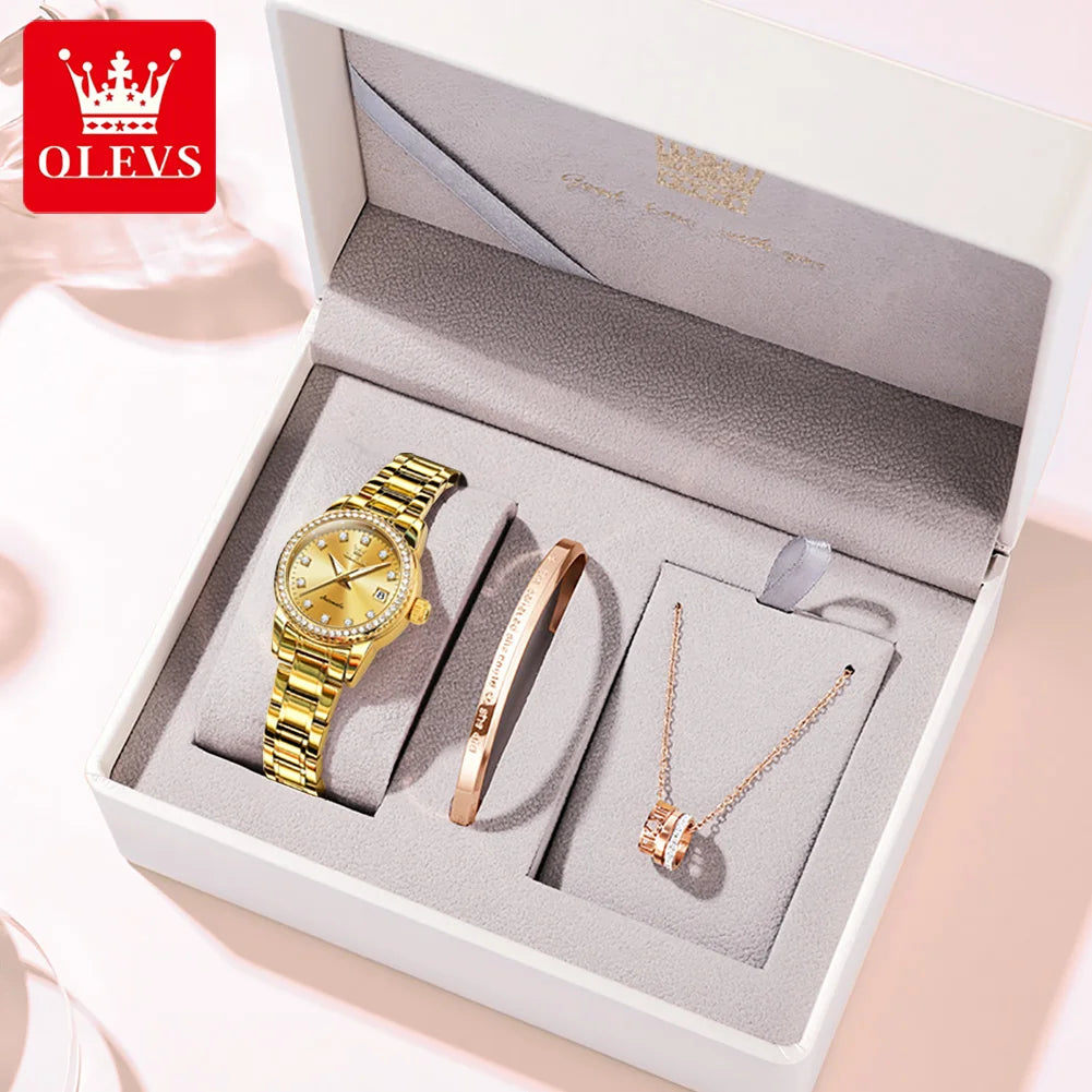 OLEVS 7003 Women Automatic Watch Waterproof Luminous Calendar Mechanical Ladies Wristwatch Steel Strap Luxury Watch For Women