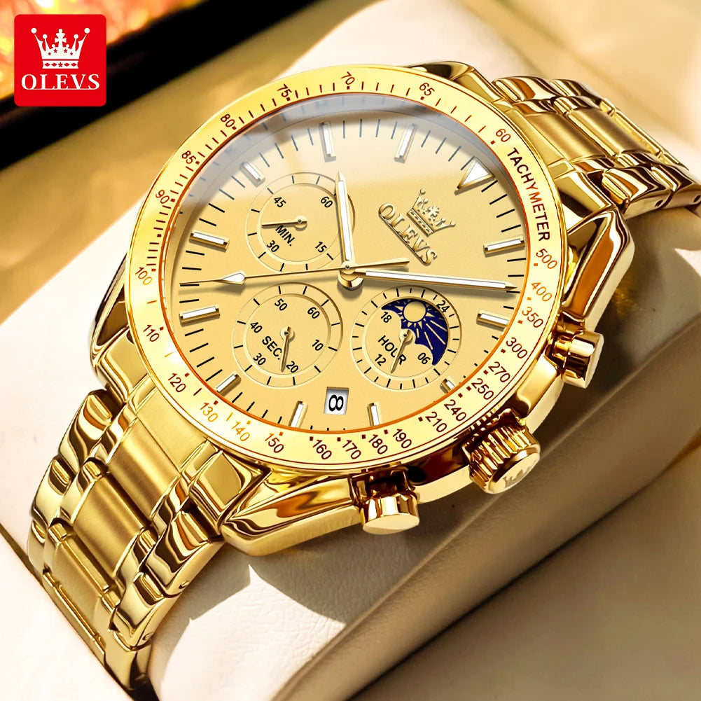 OLEVS 3618 Quarzuhr für Herren, originaler Chronograph, Mondphase, 24-Stunden-Anzeige, Armbanduhr, Edelstahl, Top-Marke Herrenuhr