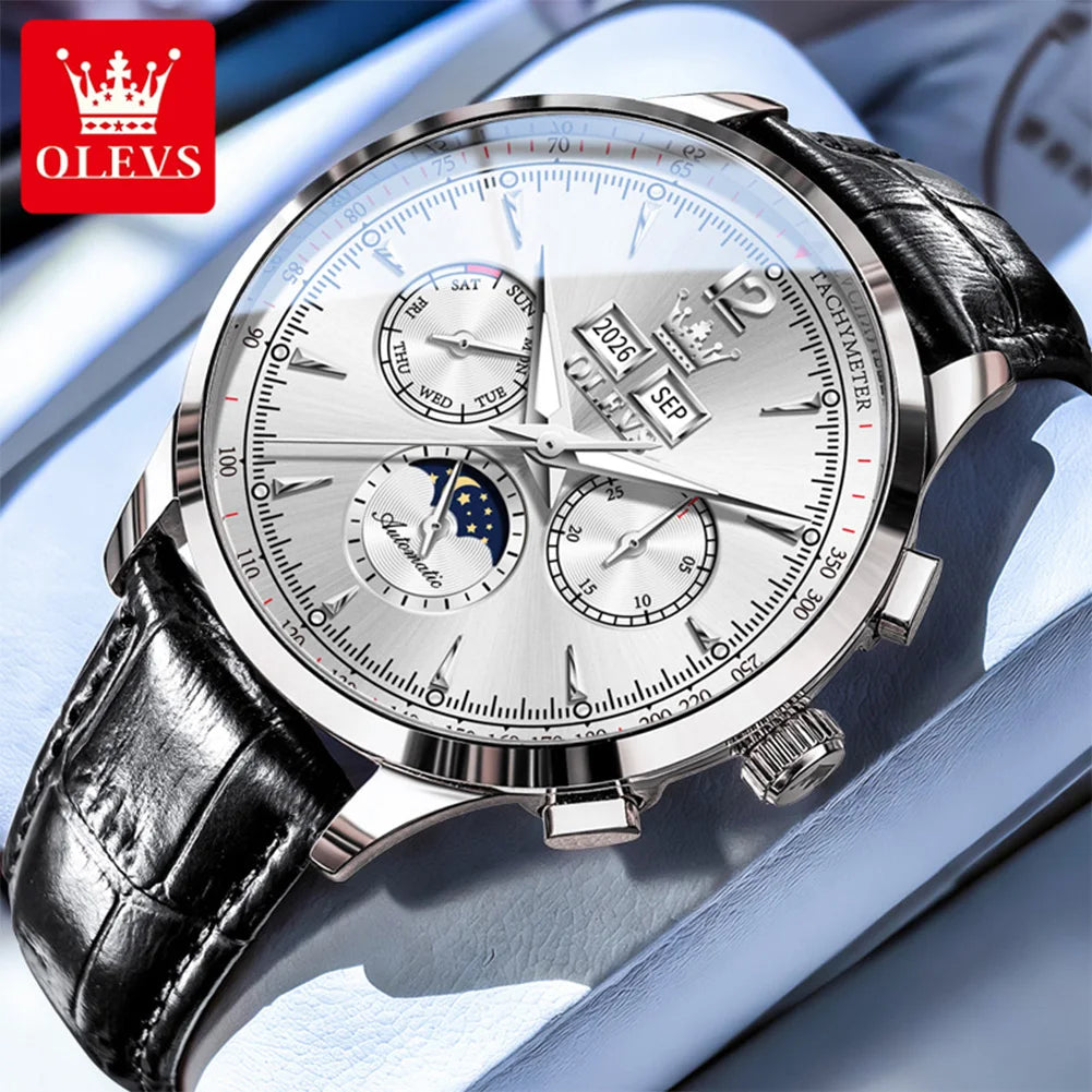 OLEVS 7128 Men's Watch Luxury Classic Automatic Mechanical Wristwatch Waterproof Perpetual Calendar Moon Phase Watches For Men