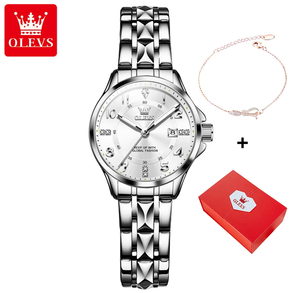 OLEVS 2910 Quarzuhr für Damen Edelstahl Wasserdicht Kalender Luxus Damenuhr Zifferblatt mit Nummernskala Damenuhren