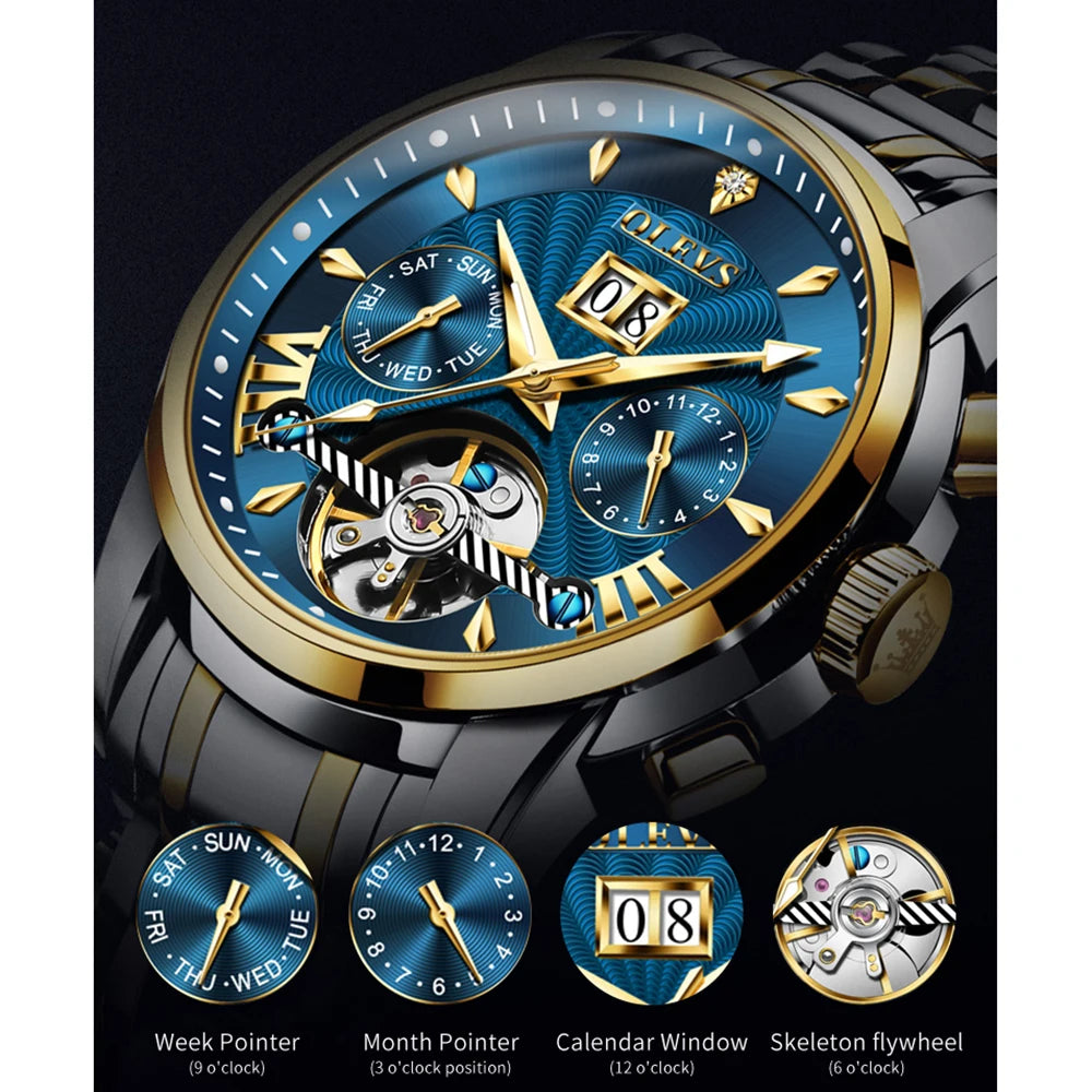 OLEVS 9965 Automatic Watch For Men Skeleton Flywheel Waterproof Men's Watches Week Calendar Luxury Man Mechanical Wristwatch
