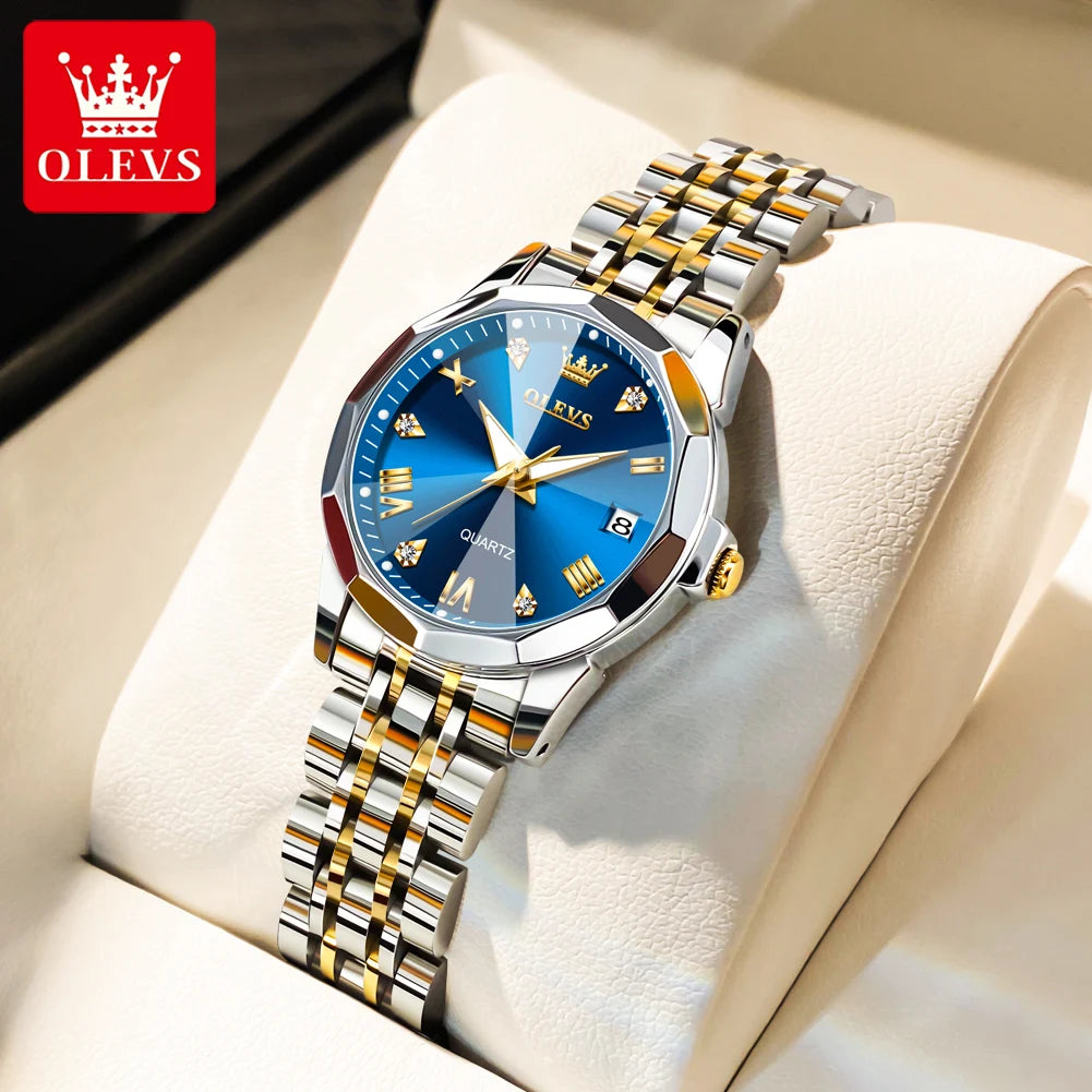 OLEVS 9931 Original Quartz Watches For Woman Rhombus Mirror Waterproof Luminous Stainless Steel Wrist Watches Calendar New