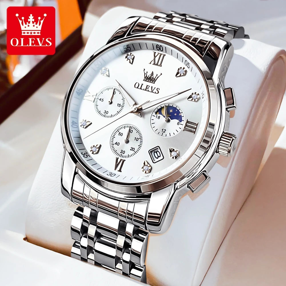 OLEVS 2858 Herrenuhr Diamantzifferblatt Mondphase Quarzuhr für Herren Edelstahl Wasserdicht Top-Marke Luxus Herren-Armbanduhr
