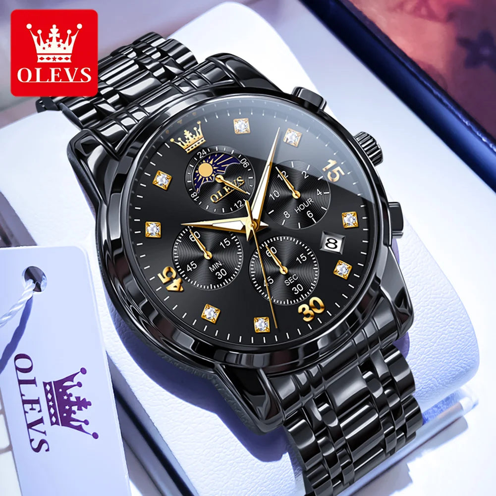 OLEVS 3652 Herrenuhr Ziffernskala Quarzuhr für Herren Chronograph Mondphase Datum Luxus Wasserdicht Leuchtende Herrenarmbanduhr