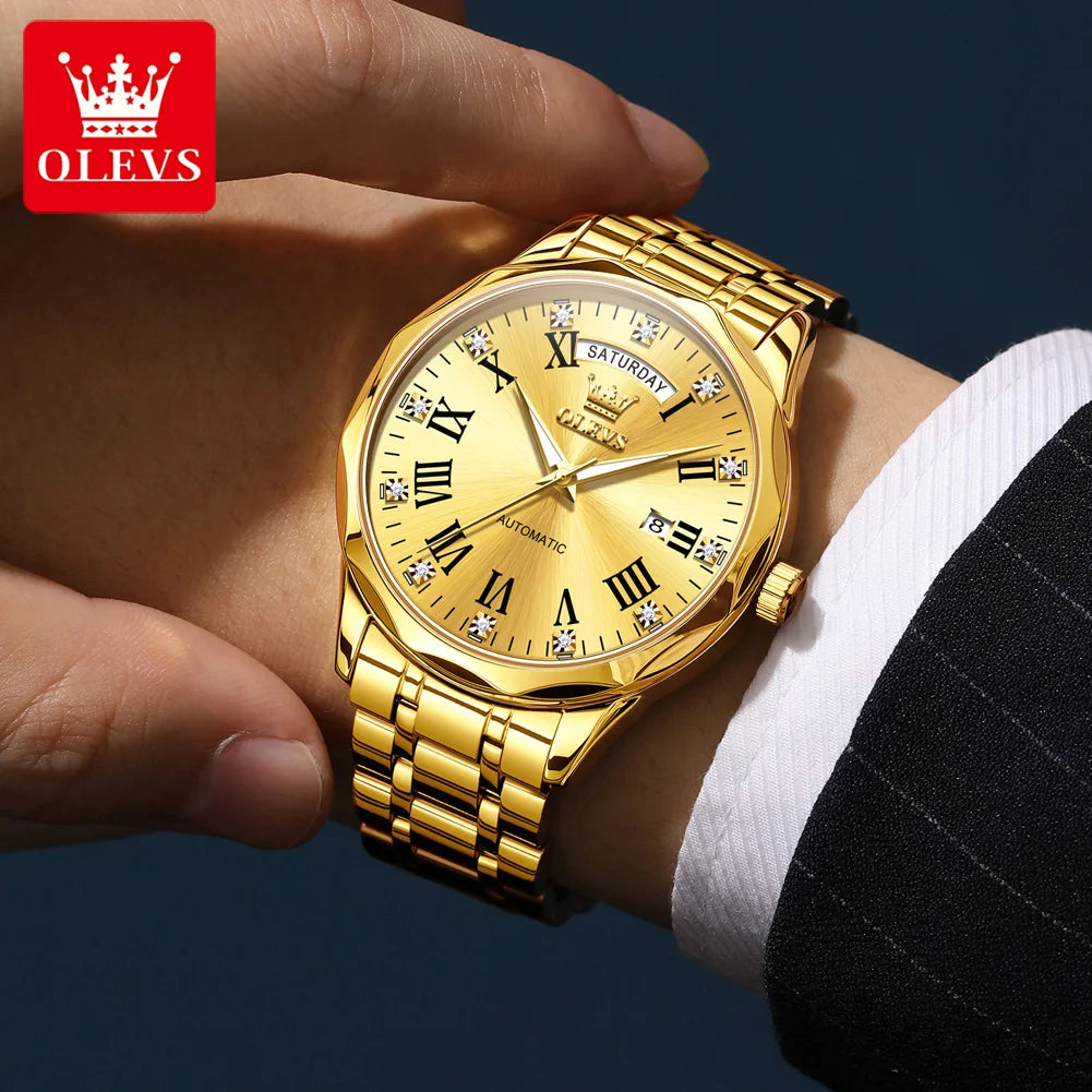 OLEVS 6780 Luxury Business Men's Automatic Mechanical Watch Roman Numerals Dual Calendar Watches Waterproof Stainless Steel