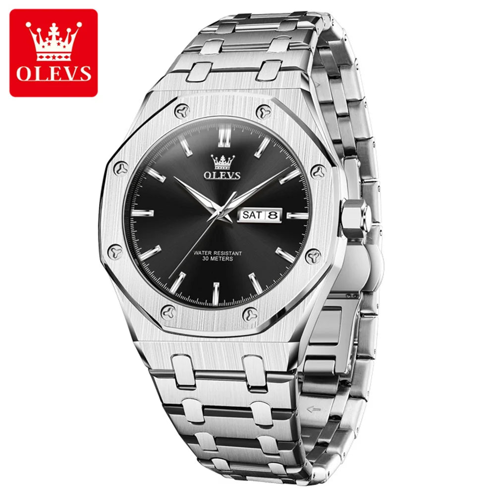 OLEVS 3726 Herrenuhr Chronograph Datum Wochentag Quarzuhren für Herren Edelstahl Luxus-Armbanduhr Wasserdicht Leuchtend Reloj