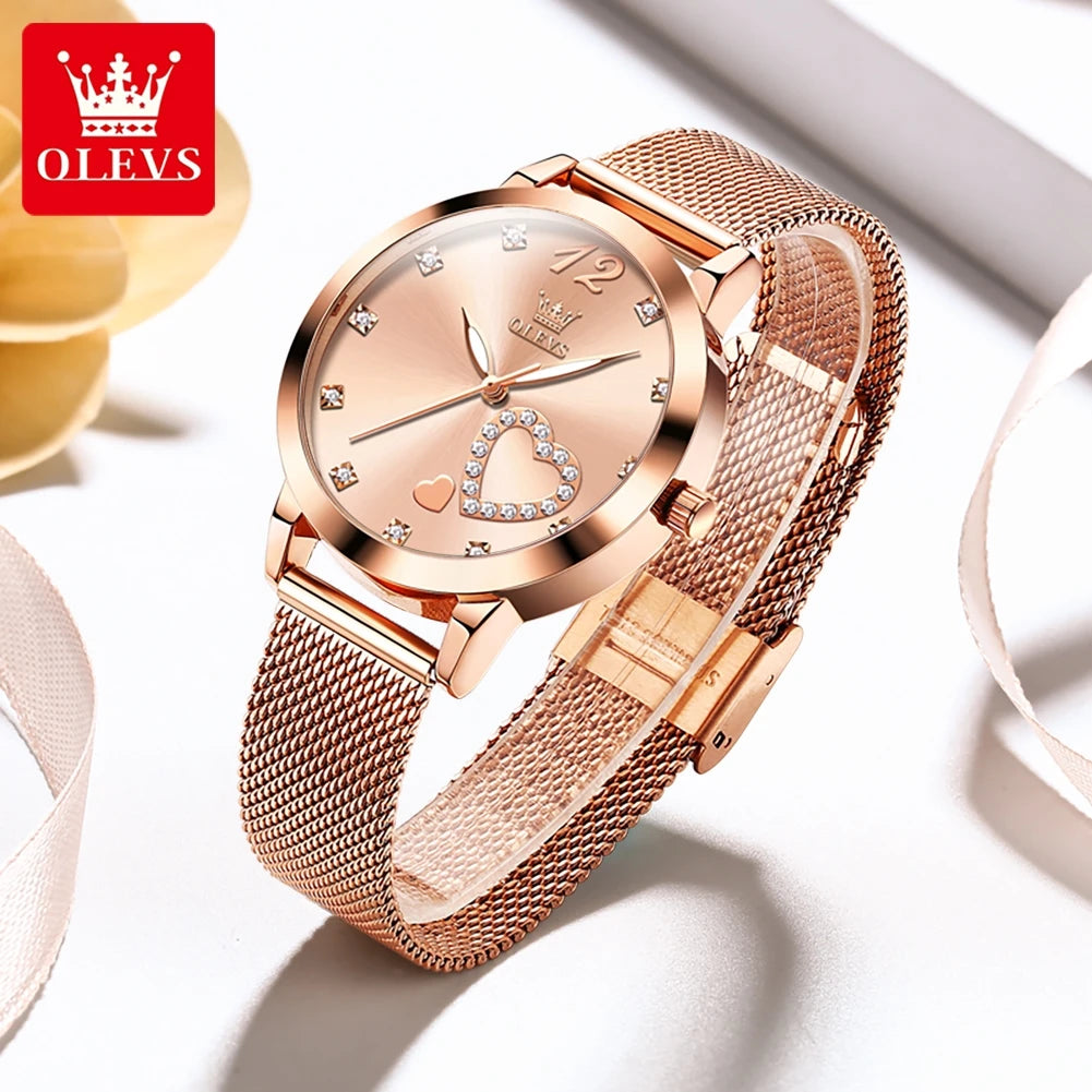 OLEVS 5189 Damenuhr Luxus Ultr dünne Quarzuhr Damen Mesh-Stahlarmband Herzförmiges Zifferblatt Wasserdichte Damenuhr