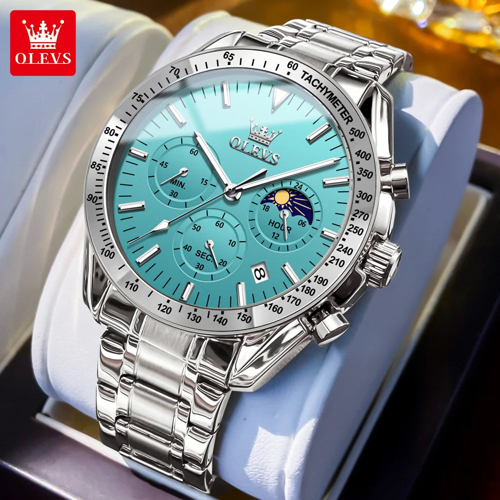 OLEVS 3618 Quarzuhr für Herren, originaler Chronograph, Mondphase, 24-Stunden-Anzeige, Armbanduhr, Edelstahl, Top-Marke Herrenuhr