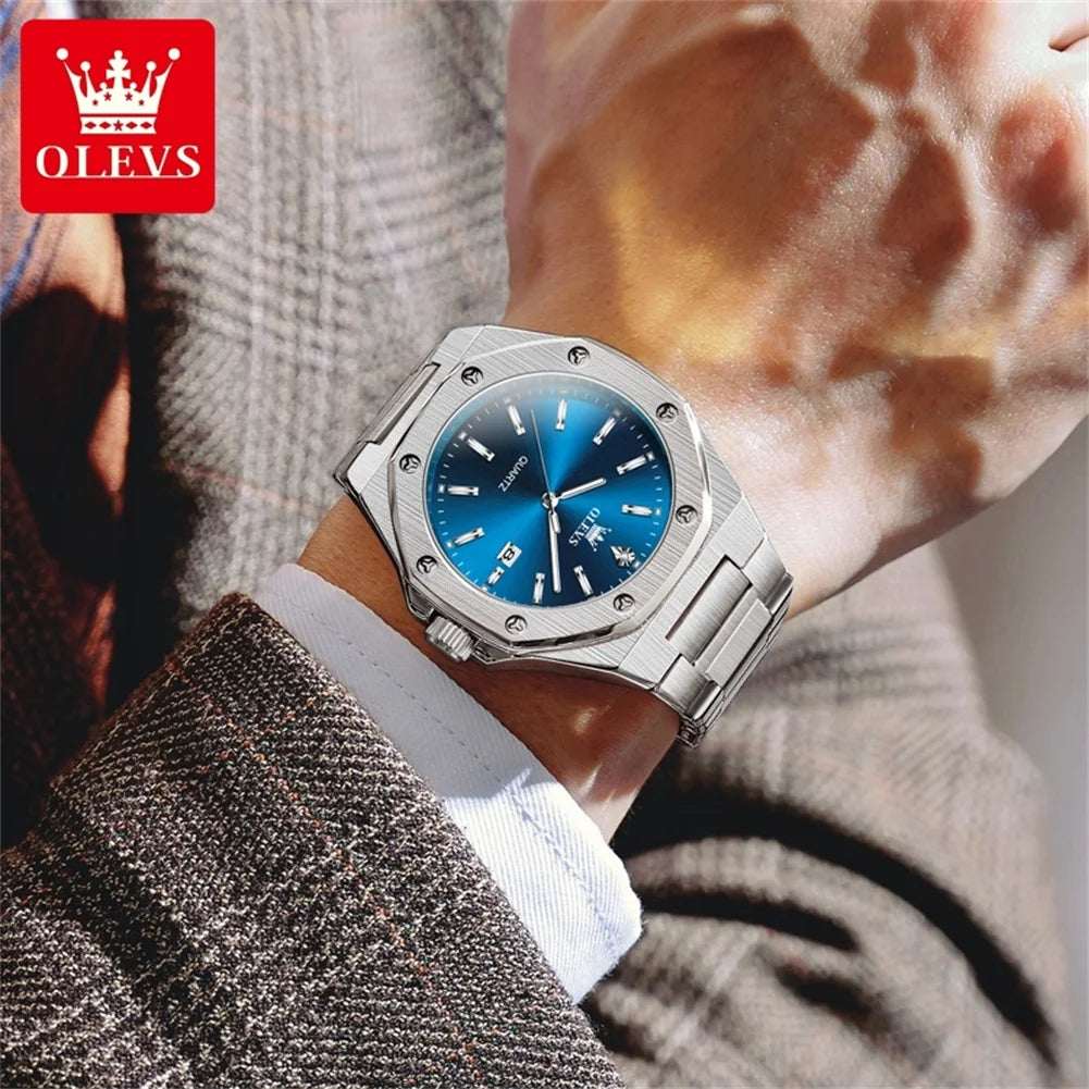 OLEVS 3613 Uhr für Herren, original luxuriös, Datum, Leuchtzeiger, Quarz, Business, Armbanduhr, wasserdicht, Edelstahlarmband, Herrenuhr