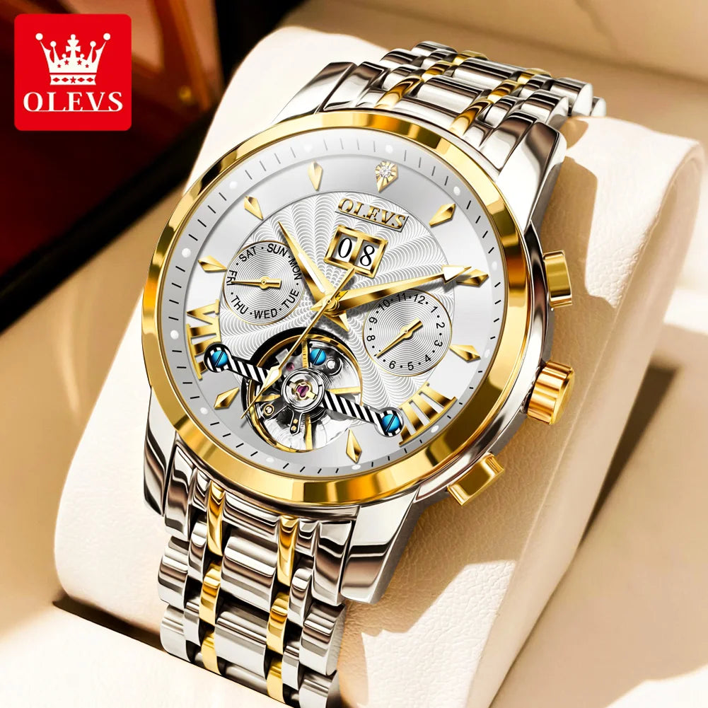 OLEVS 9965 Automatic Watch For Men Skeleton Flywheel Waterproof Men's Watches Week Calendar Luxury Man Mechanical Wristwatch