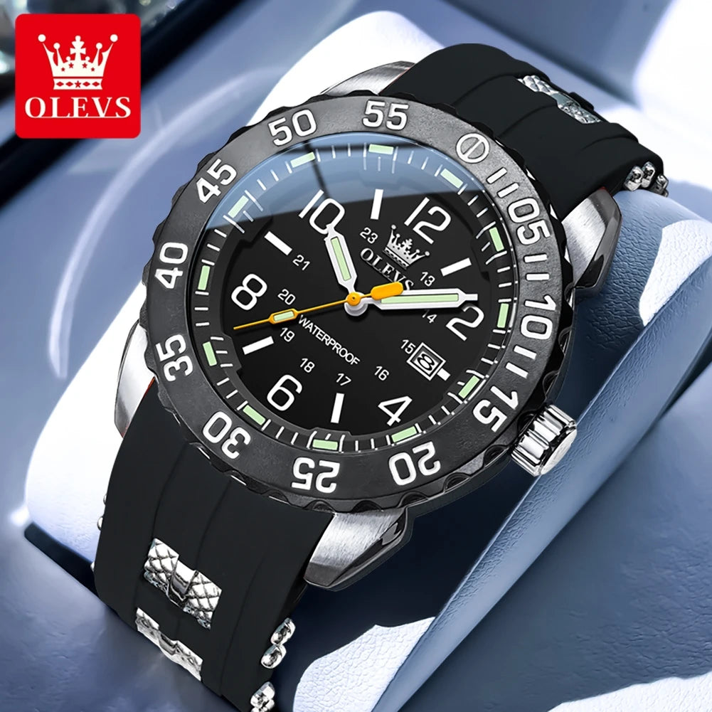 OLEVS 3688 Neue Herrenuhr Wasserdichte Quarzuhr für Herren Hochhärte-Spiegel Leuchtende Original Herren-Armbanduhr Silikonarmband
