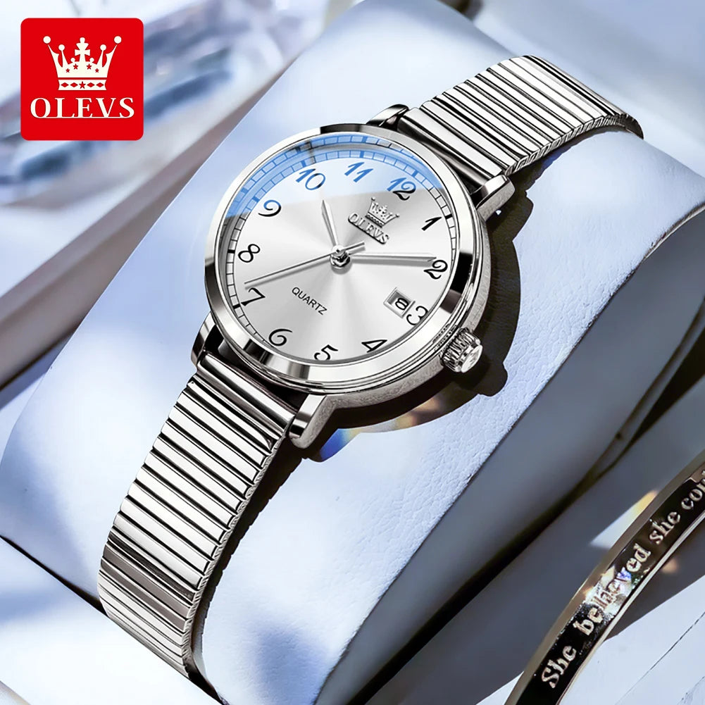 OLEVS 7130 Watches for Women Elegant Mesh Strap Quartz Wristwatch 9.5mm Thin Case Waterproof Auto Date Ladies Clock