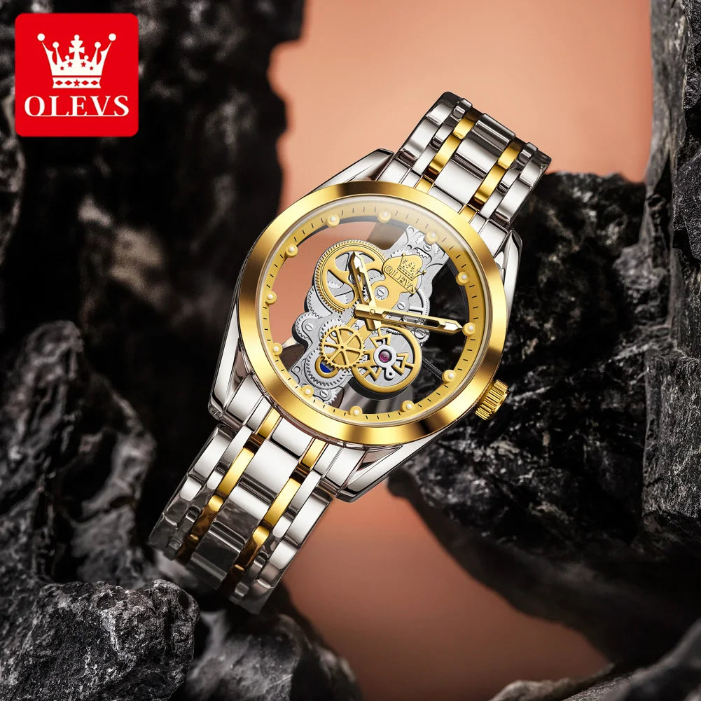 OLEVS 3725 Luxury Man Watches 40mm Big Dial Fashion Business Skeleton Quartz Watch For Men Waterproof Luminous Men Clock