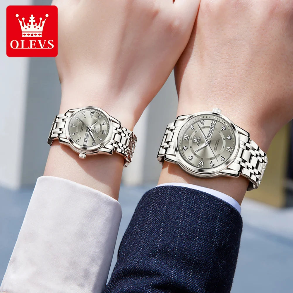OLEVS 5513 Paar Uhren Luxus Dual-Kalender Quarzuhren für Männer Frauen Original Wasserdicht Leuchtende Diamant-Skala Zeigeruhr