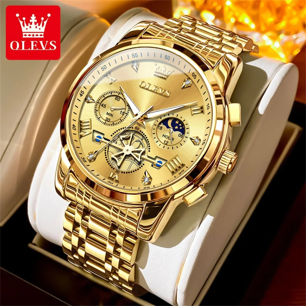 OLEVS 42mm Herrenuhr mit großem Zifferblatt, Mondphase, 24-Stunden-Anzeige, wasserdichte Quarz-Herrenarmbanduhr, Original Luxus Armbanduhr 2856
