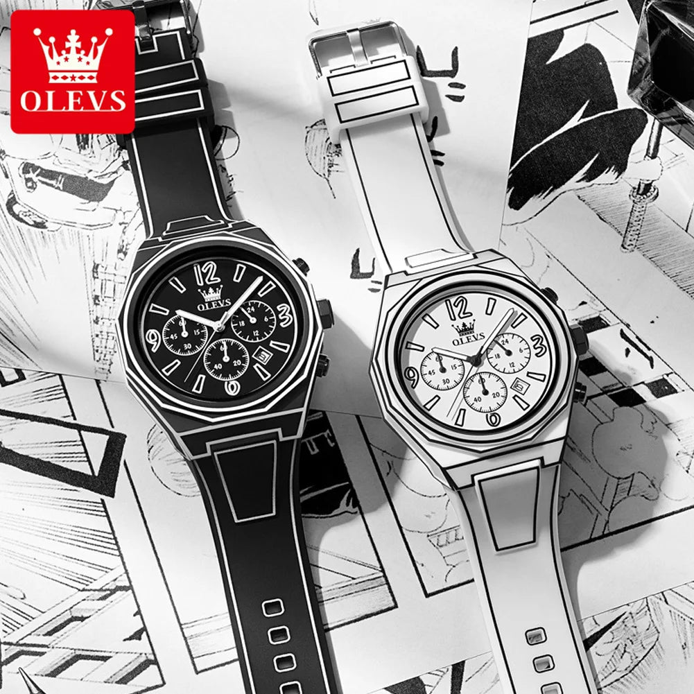OLEVS 5622 Comic Style Quartz Watch For Men Chronograph Waterproof Luminous Hand Clock Number Scale Date Silicone Man Watches