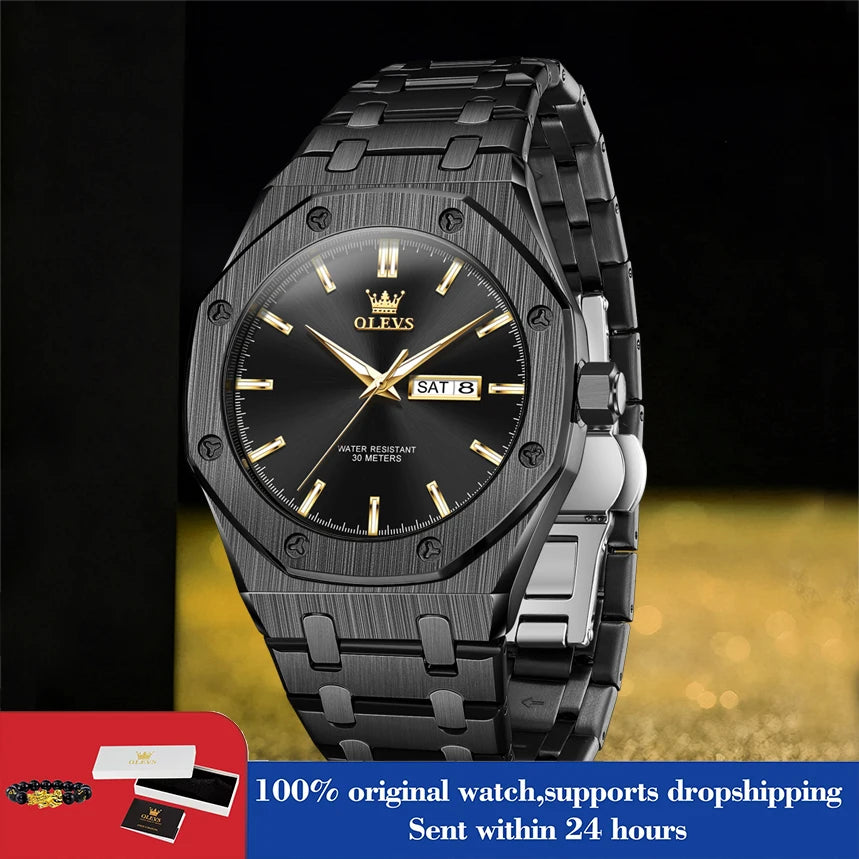 OLEVS 3726 Herrenuhr Chronograph Datum Wochentag Quarzuhren für Herren Edelstahl Luxus-Armbanduhr Wasserdicht Leuchtend Reloj