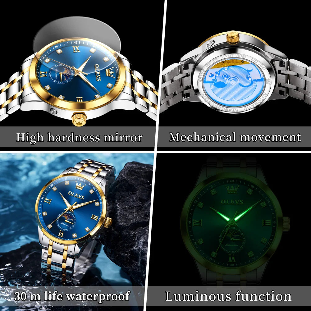 OLEVS 7041 Automatic Watch Man Moon Phase Mechanical Watch For Men Luxury Date Waterproof Business Male Hand Clock Diamond Scale