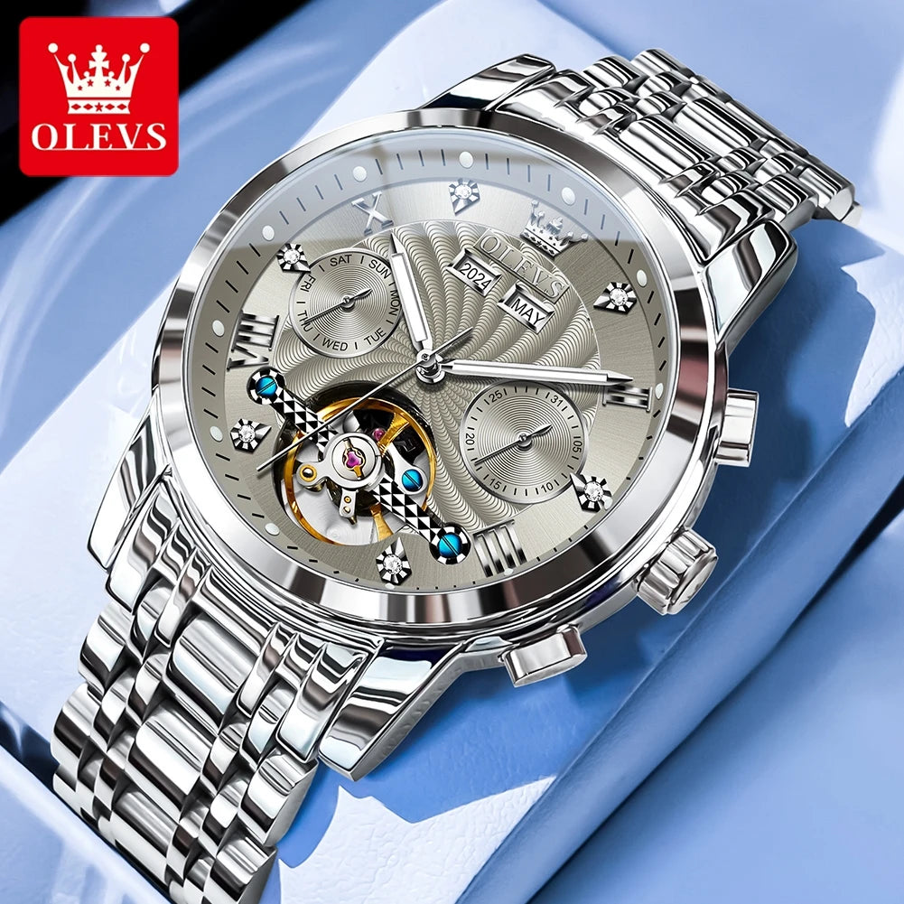 OLEVS 7088 Men's Watch Fashion Calendar Mechanical Watch For Men Original Hollow Steel Strap Business Wristwatch Deep Waterproof