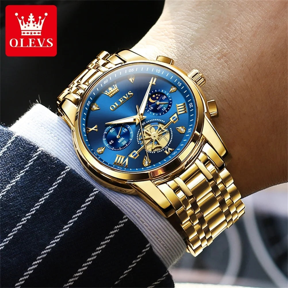 OLEVS 42mm Big Dial Watch For Men Moon Phase 24 Hour Display Waterproof Quartz Man Wrist Watches Original Luxury Hand Clock 2856