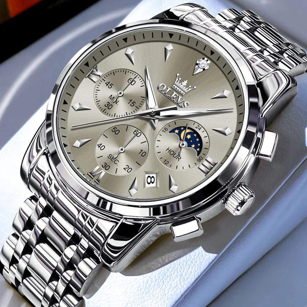 OLEVS 3639 Luxus Herrenuhr Top Marke Mondphase Chronograph Quarzuhr für Herren Automatisches Datum Mode Wasserdicht Herrenuhr