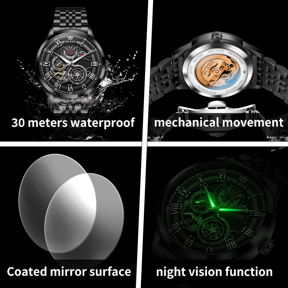 OLEVS 7076 Man Automatic Watch Fashion Hollow Mechanical Watch For Men Waterproof Stainess Steel Strap Roman Scale Hand Clock
