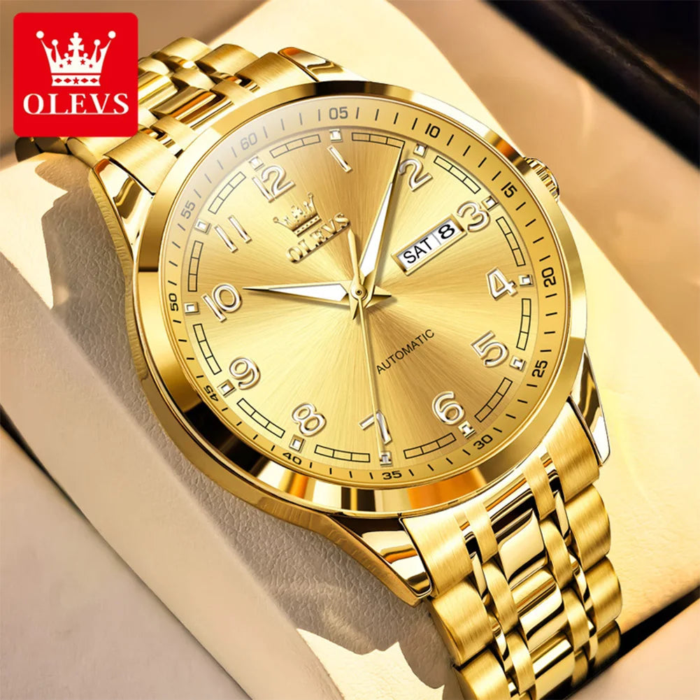 OLEVS 7077 Man Automatic Watch Fashion Date Mechanical Male Hand Clock Number Scale Luxury Waterproof Luminous Watch For Men
