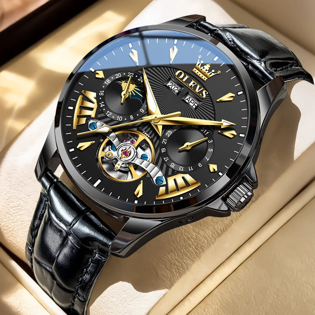 OLEVS 7103 Men's Watch Flywheel Automatic Mechanical Wristwatch Waterproof Perpetual Calendar Moon Phase Watches For Men Classic