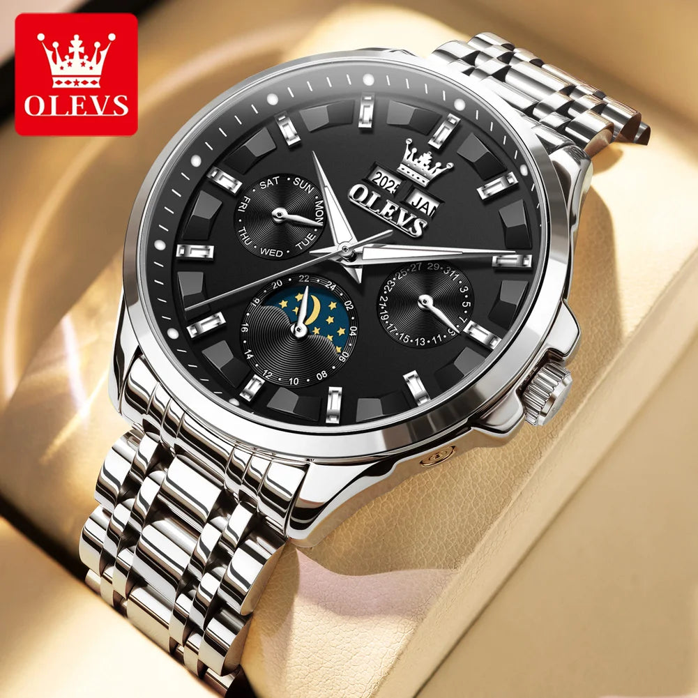OLEVS 7070 Watch Man Original Mechanical Watch For Men Moon Phase Calendar Waterproof Fashion Automatic Hand Clock Steel Strap