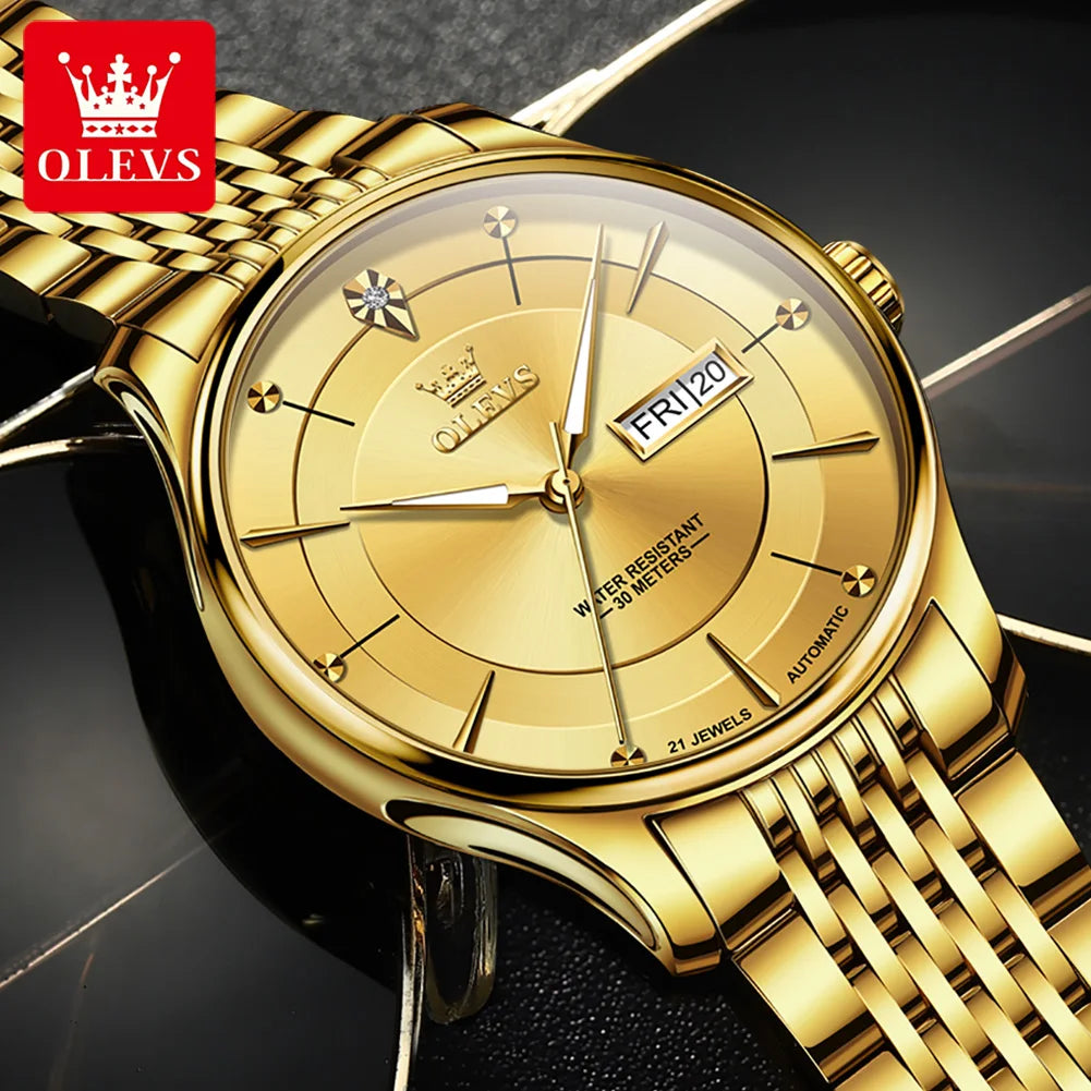 OLEVS 9927 Automatic Watch For Men Luxury Dual Calendar Original Mechanical Dress Hand Clock Waterproof Luminous Man Watches