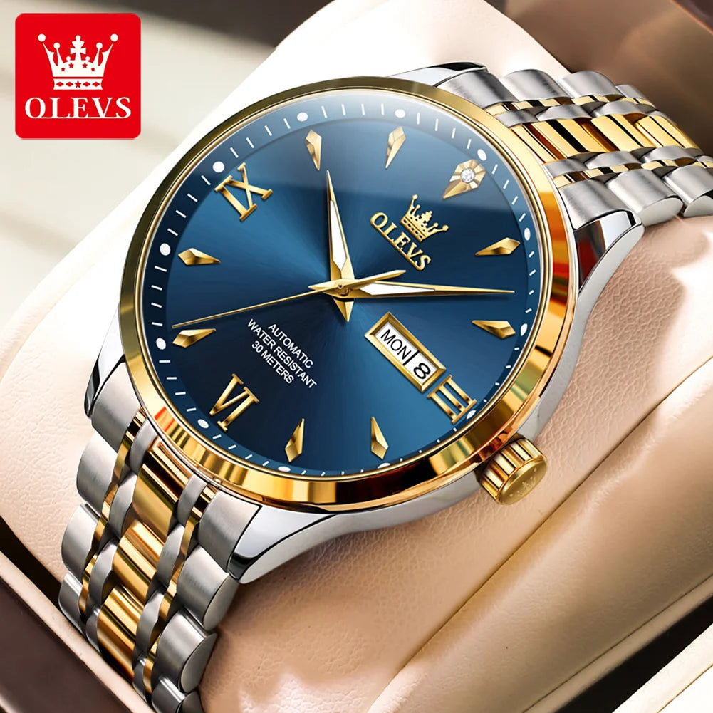 OLEVS 9956 Man Watch Steel Strap Luxury Mechanical Watch For Men Original Fashion Waterproof Automatic Hand Clock Dual Calendar
