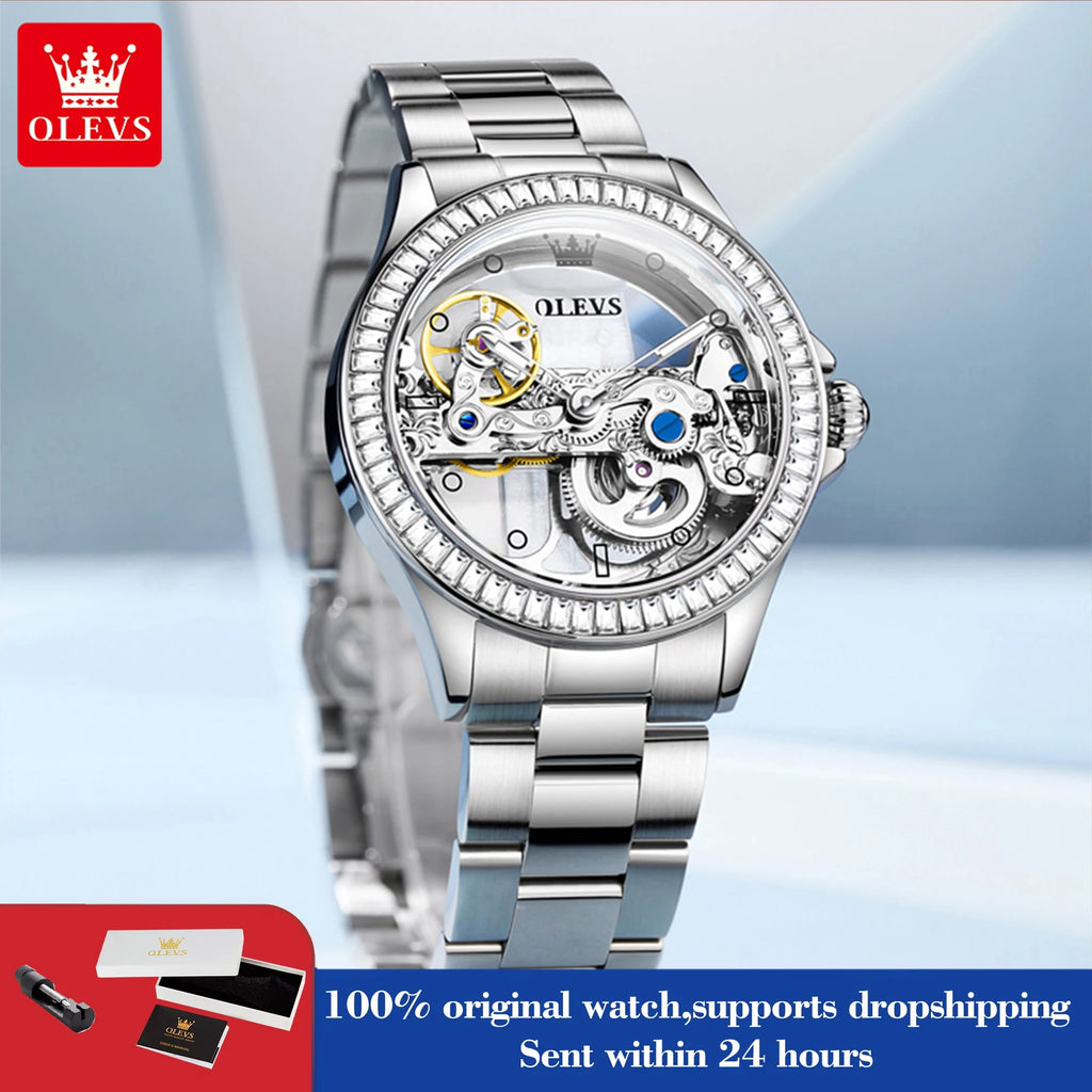 OLEVS 6699 Woman Automatic Watches Hollow Flywheel Mechanical Watch For Women Diamond Luxury Dial Waterproof Ladies Hand Clock