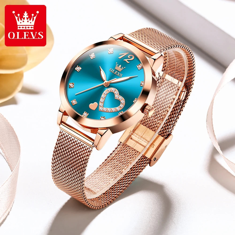 OLEVS 5189 Damenuhr Luxus Ultr dünne Quarzuhr Damen Mesh-Stahlarmband Herzförmiges Zifferblatt Wasserdichte Damenuhr