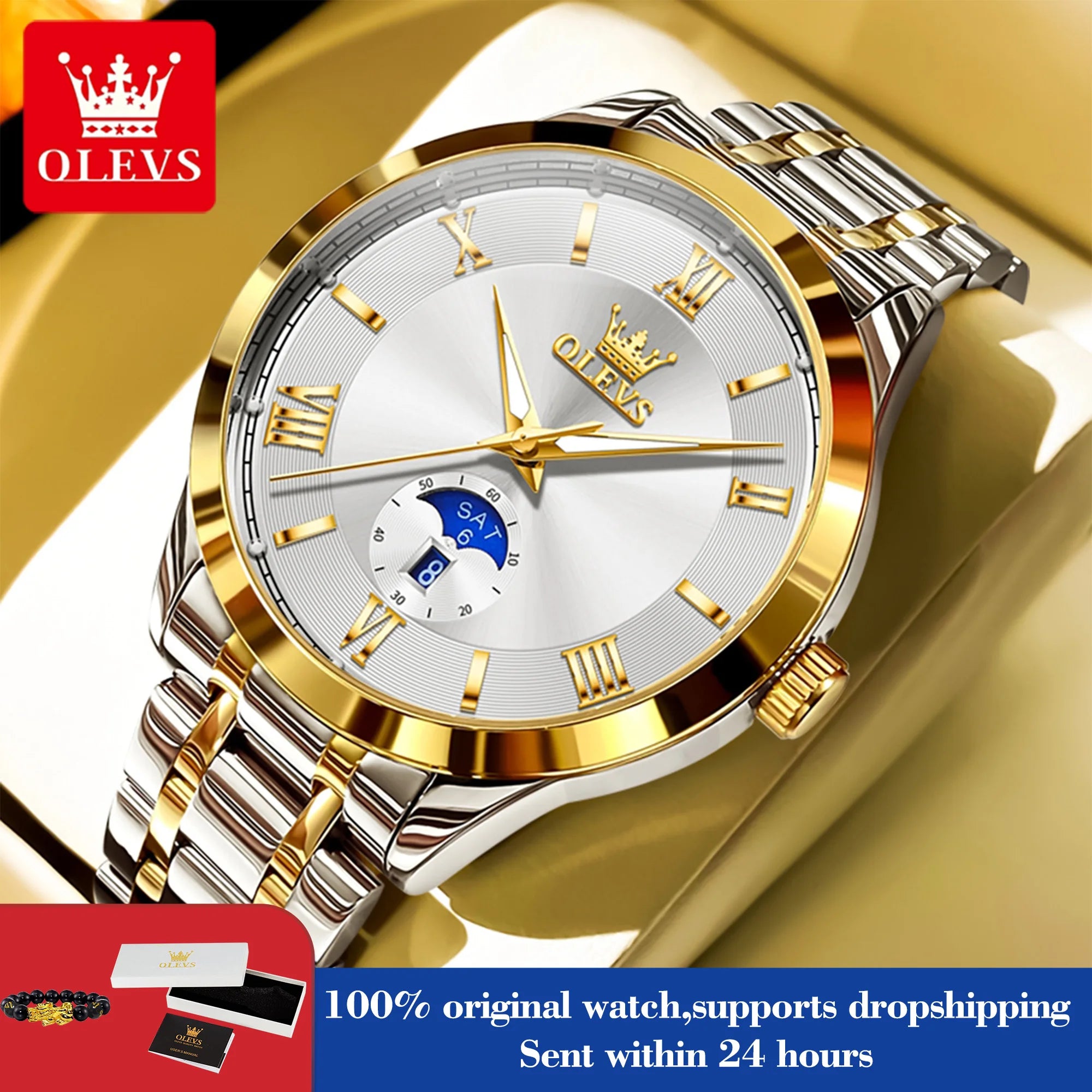OLEVS 3638 Uhr für Herren, Business, wasserdicht, leuchtend, römische Skala, Mode-Quarz-Armbanduhr, Wochentags- und Datumsanzeige, Original-Herrenuhr