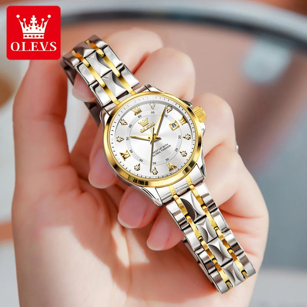 OLEVS 2906 Paar-Armbanduhr Original Römisches Zifferblatt Diamantenbesatz Luxus Quarz Uhr Für Herren Damen Rhombus Armband Wasserdicht Zeigeruhr