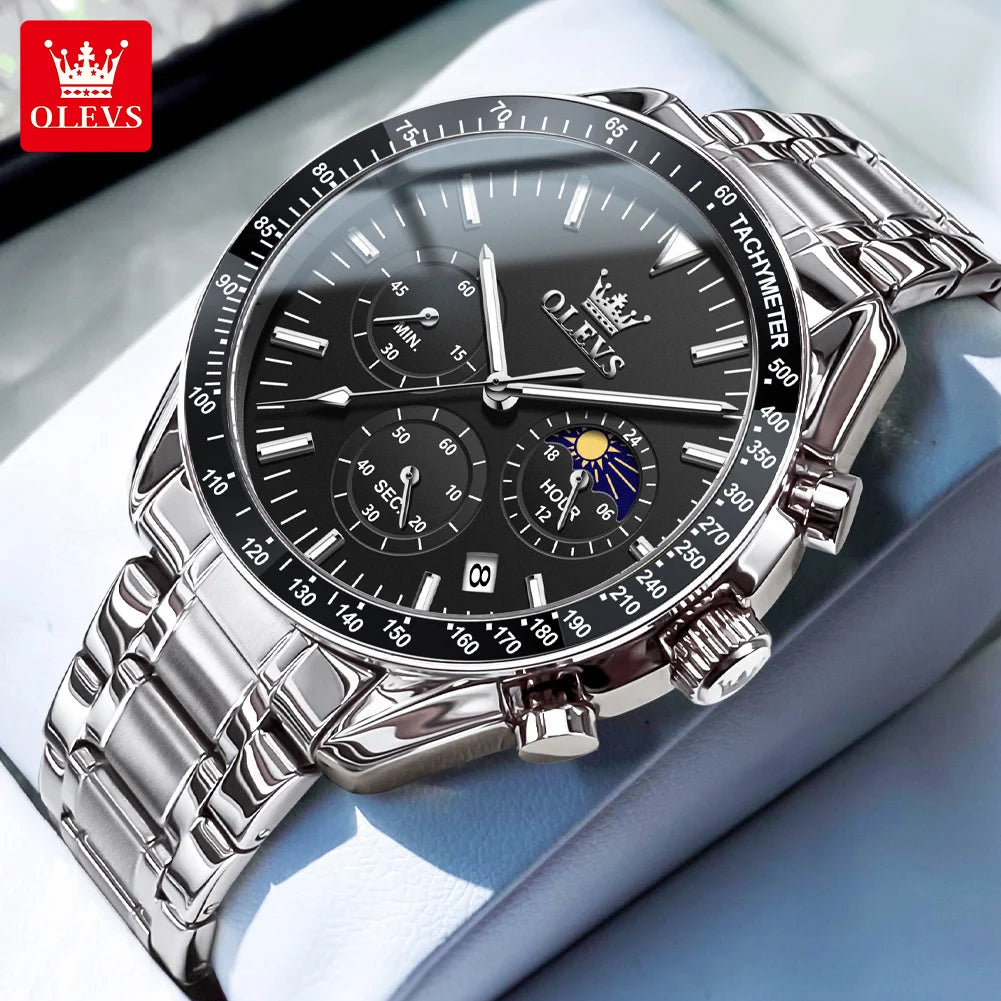 OLEVS 3618 Quarzuhr für Herren, originaler Chronograph, Mondphase, 24-Stunden-Anzeige, Armbanduhr, Edelstahl, Top-Marke Herrenuhr