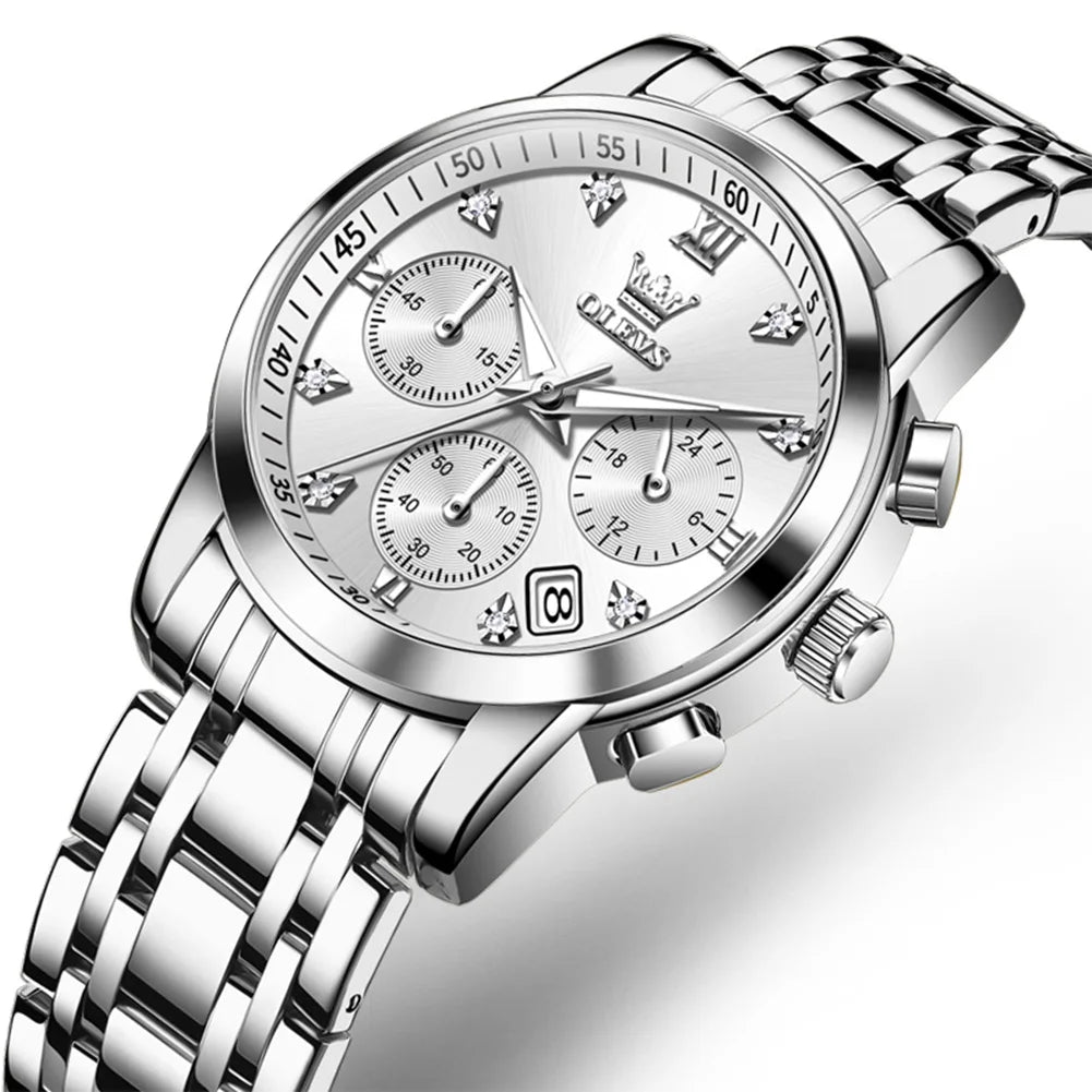OLEVS 2858 Damenuhr Luxus Wasserdichte Datumsquarzuhr für Damen Diamantskala Chronograph Business Handuhr Stahlarmband