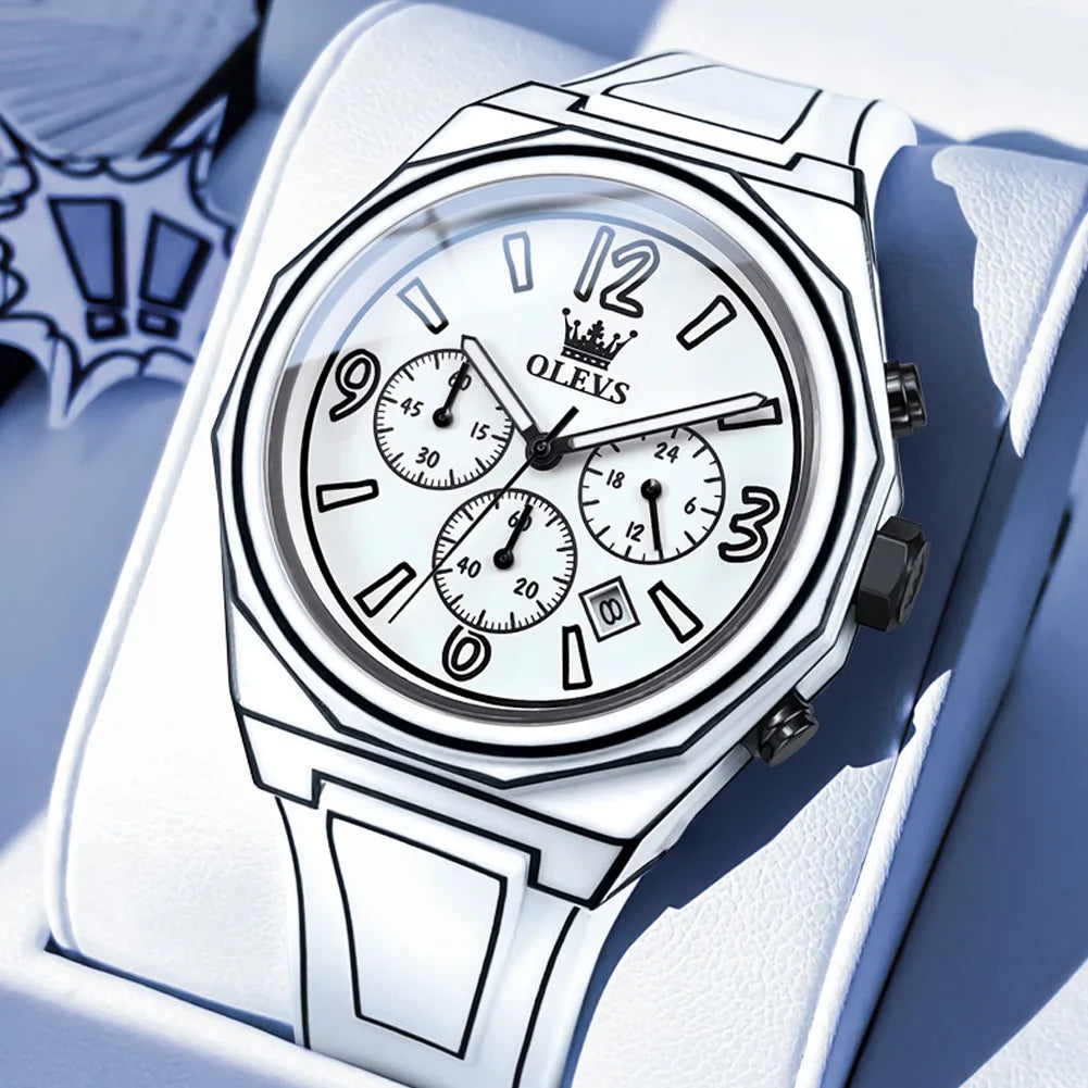 OLEVS 5622 Comic Style Quartz Watch For Men Chronograph Waterproof Luminous Hand Clock Number Scale Date Silicone Man Watches