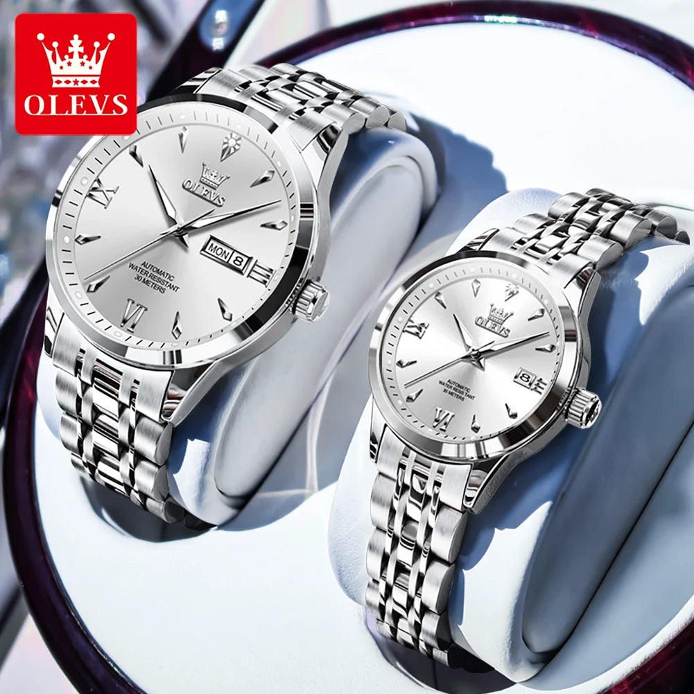 OLEVS 9956 Watches For Couple  Automatic Mechanical Watches Dual Calendar Original Stainless Steel Hand Clock Waterproof 9956
